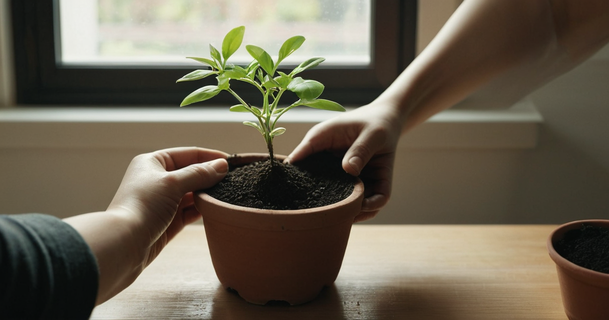 若い植物の鉢を両手で大切に育てる様子